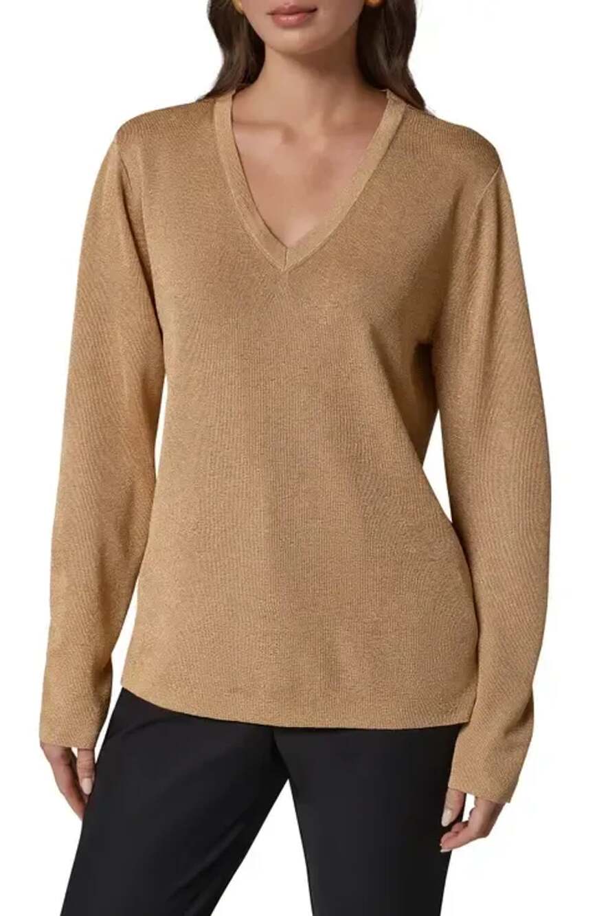 Trina Turk V-Neck Sweater Size M Camel Gold Glitter Knit Pullover